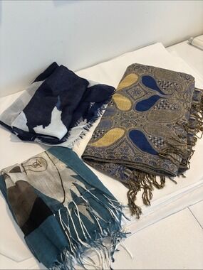 SET OF THREE fashion scarves- Fringed Paisley Accent Scarf, blue & gray, teal